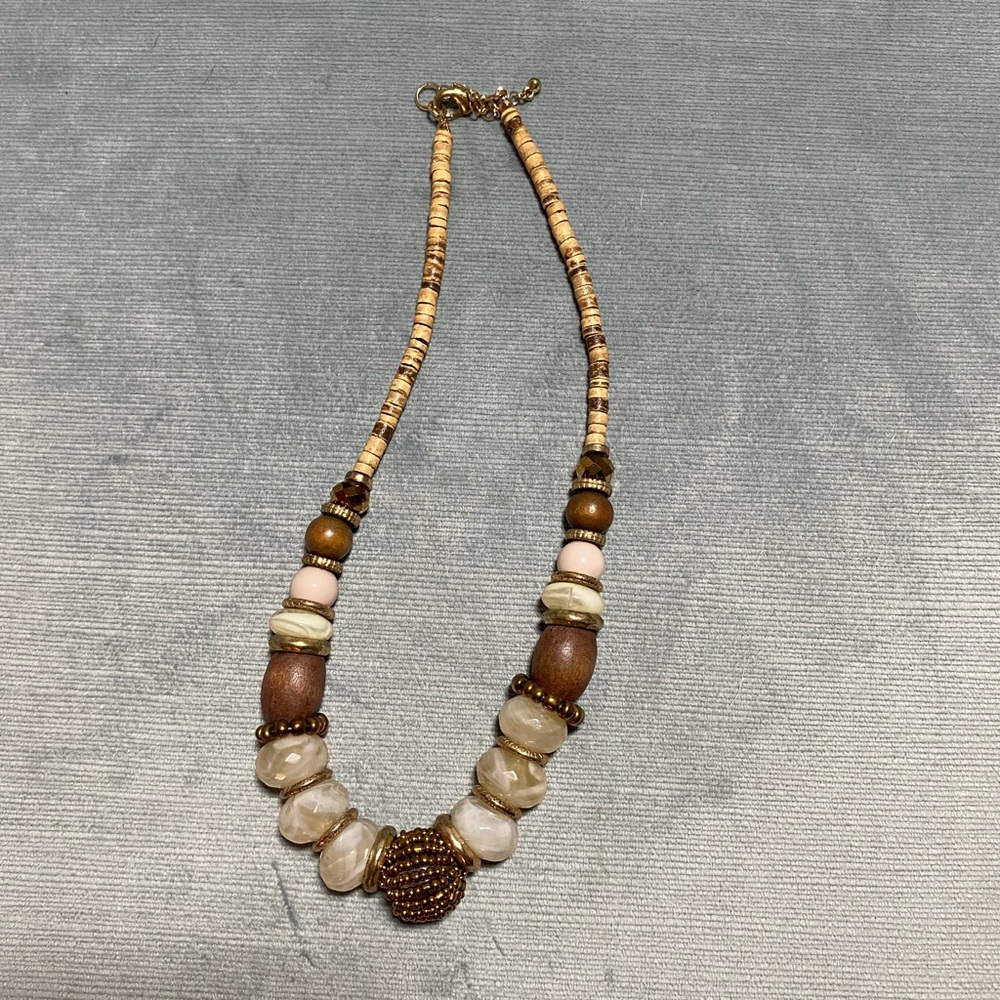Vintage wood and other beaded 8”-10 1/2” adjustable necklace